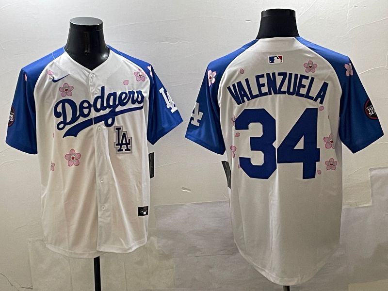 Men Los Angeles Dodgers 34 Valenzuela White Blue Sakura Edition 2025 Nike MLB Jersey style 9